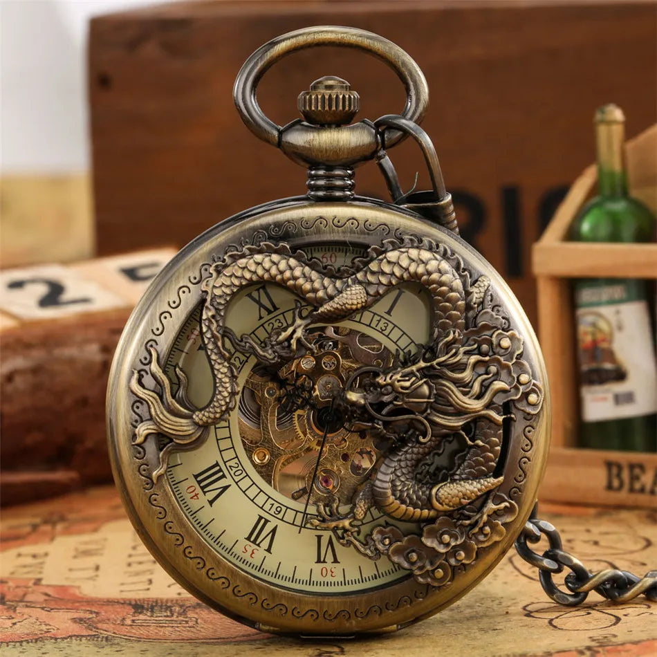 Bronze Hollow Dragon Half Hunter Mechanical Pocket Watch