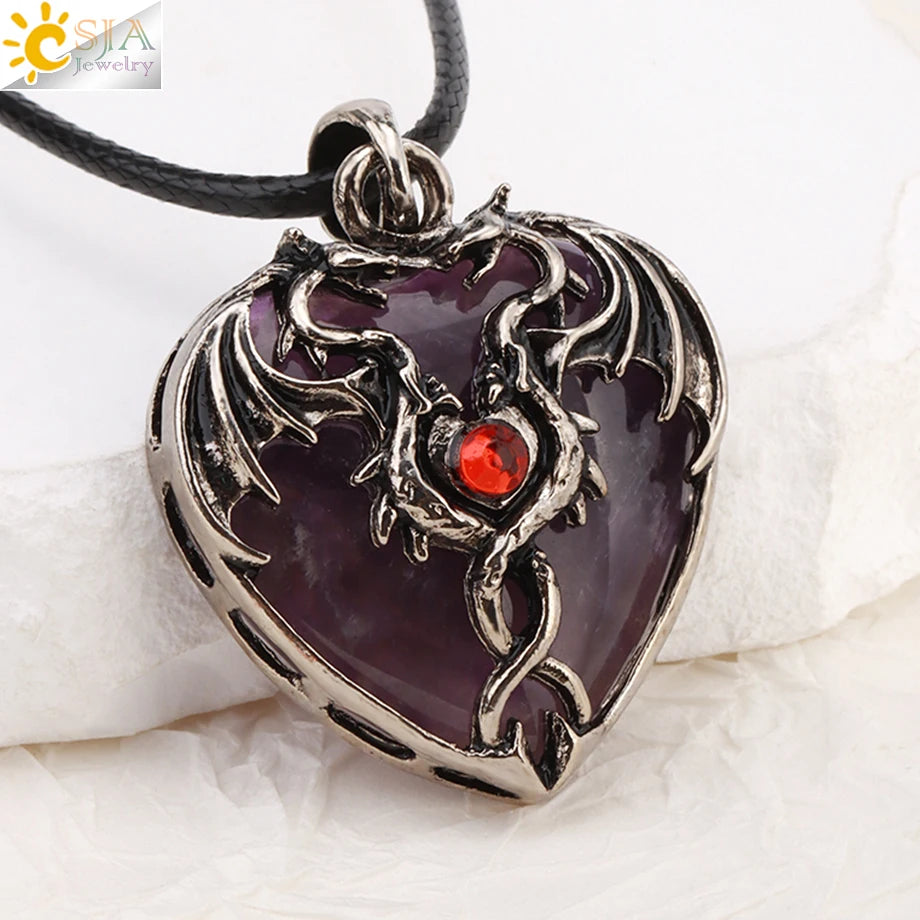 CSJA Double Dragon Necklace – Natural Stone Heart Crystal Pendant Amulet for Men & Women | Halloween Jewelry Gift H238 - Image 3