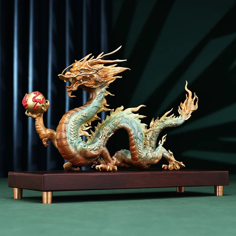 Copper Brass China Dragon Statue – Large Feng Shui Sculpture for Living Room & Office Decor (31cm / 49cm / 62cm)