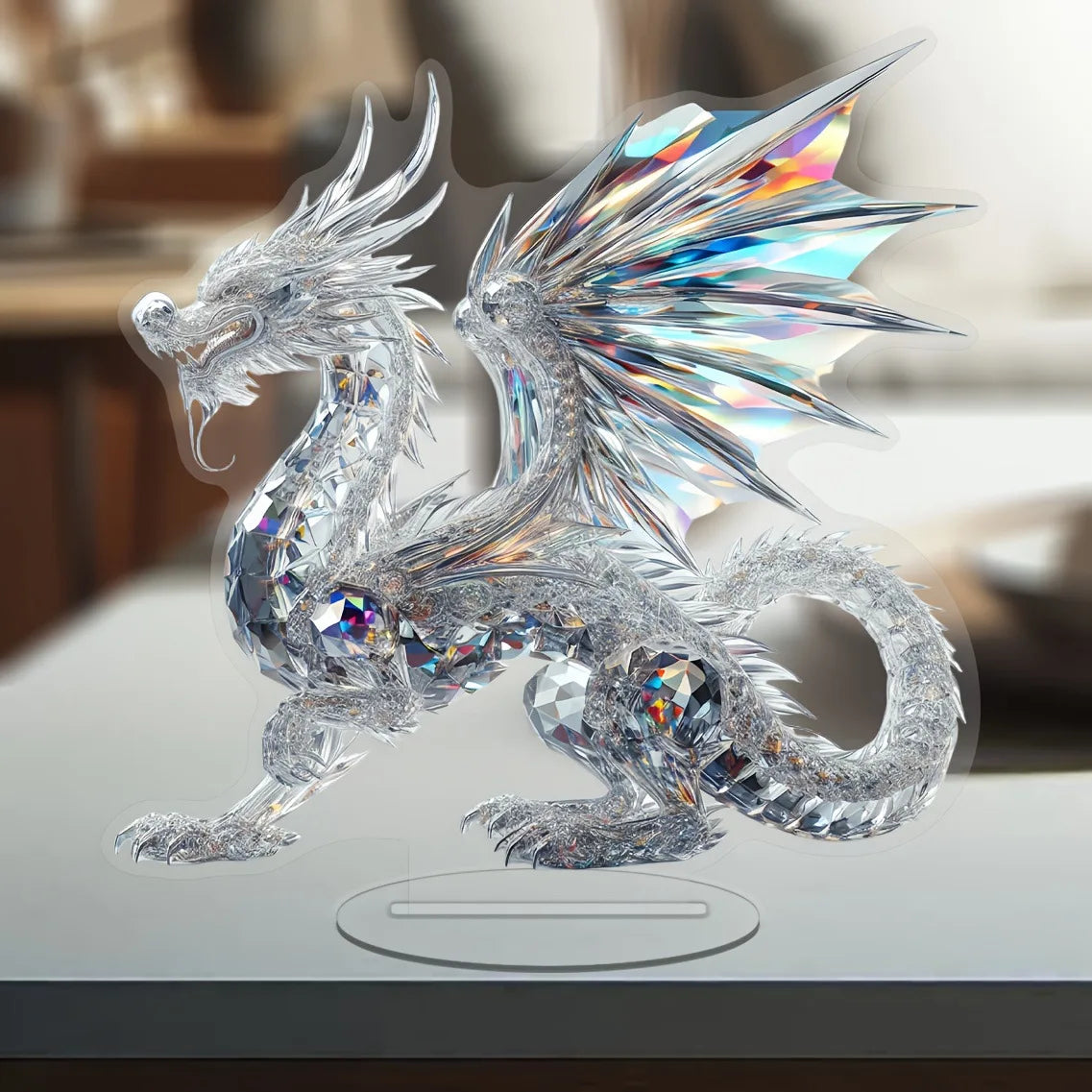 Acrylic White Crystal Dragon Statue – 2D Flat Figurine for Home & Office Decor - Image 4