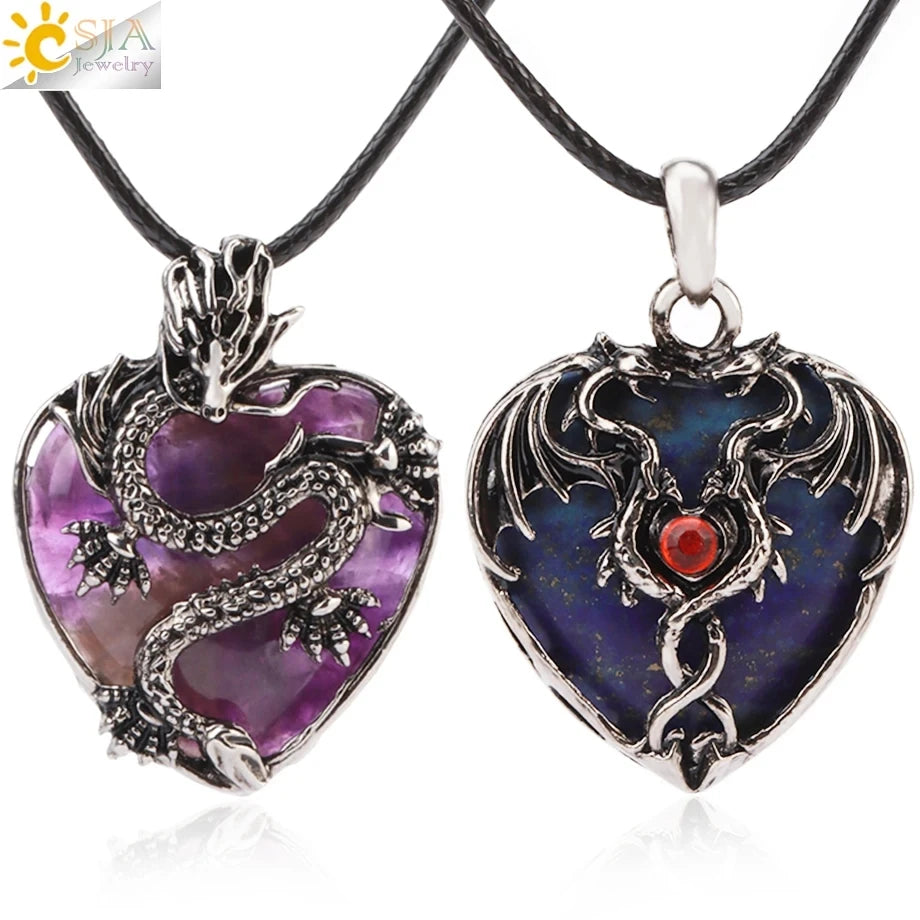 CSJA Double Dragon Necklace – Natural Stone Heart Crystal Pendant Amulet for Men & Women | Halloween Jewelry Gift H238