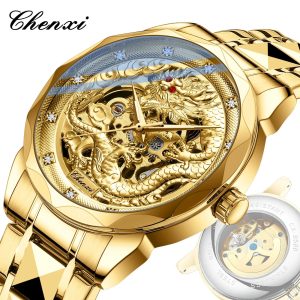 CHENXI 8899 Chinese Nation Culture & Art Watch – 3D Embossed Dragon Pattern Gold Automatic Mechanical Stainless Steel Men’s Watch