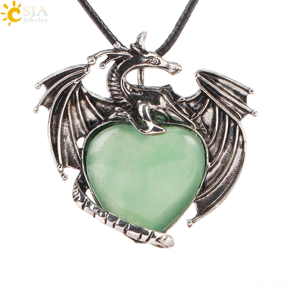 CSJA Double Dragon Necklace – Natural Stone Heart Crystal Pendant Amulet for Men & Women | Halloween Jewelry Gift H238 - Image 14