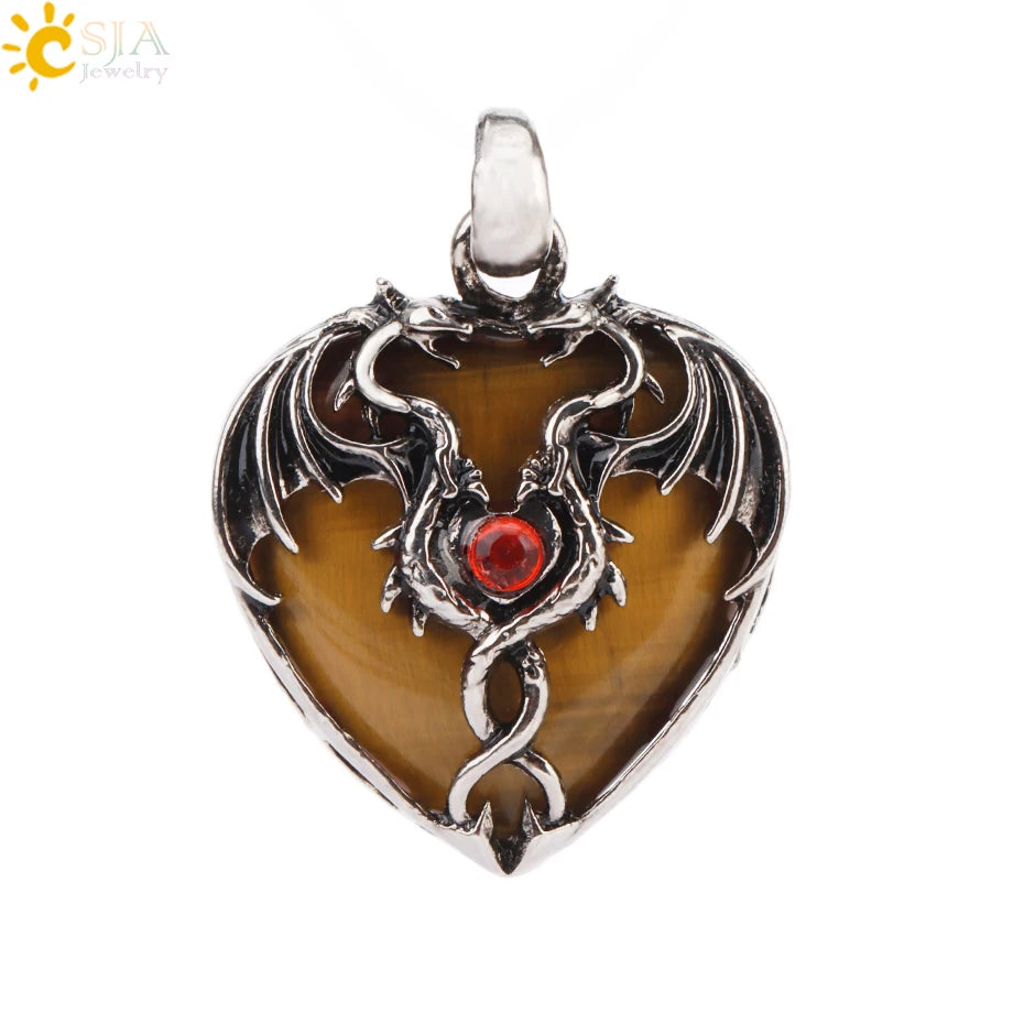 CSJA Double Dragon Necklace – Natural Stone Heart Crystal Pendant Amulet for Men & Women | Halloween Jewelry Gift H238 - Image 18