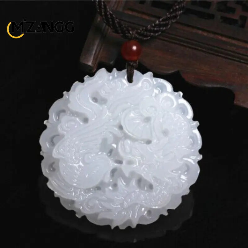 Chinese White Jade Dragon & Phoenix Pendant - Image 3
