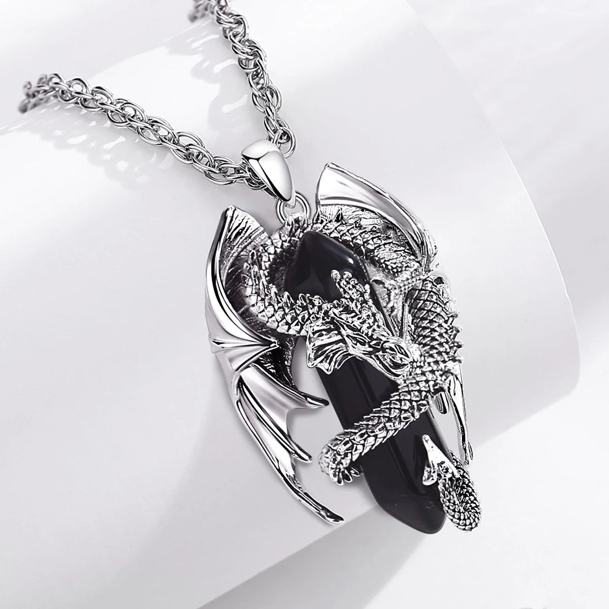 Eudora Dragon Twining Hexagonal Obsidian Necklace - Image 3