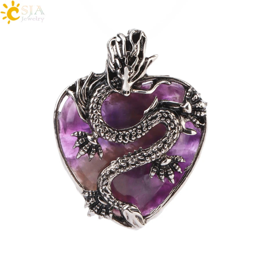 CSJA Double Dragon Necklace – Natural Stone Heart Crystal Pendant Amulet for Men & Women | Halloween Jewelry Gift H238 - Image 25