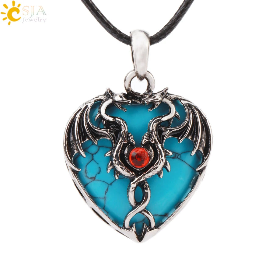 CSJA Double Dragon Necklace – Natural Stone Heart Crystal Pendant Amulet for Men & Women | Halloween Jewelry Gift H238 - Image 34