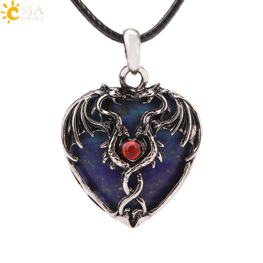 CSJA Double Dragon Necklace – Natural Stone Heart Crystal Pendant Amulet for Men & Women | Halloween Jewelry Gift H238 - Image 35