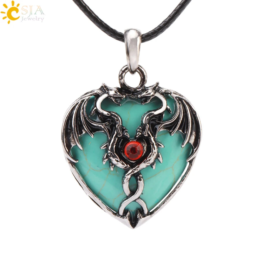 CSJA Double Dragon Necklace – Natural Stone Heart Crystal Pendant Amulet for Men & Women | Halloween Jewelry Gift H238 - Image 23