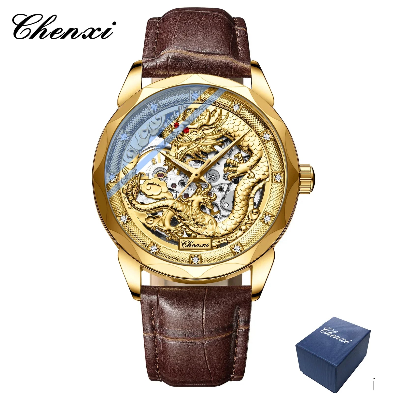 CHENXI 8899 Chinese Nation Culture & Art Watch – 3D Embossed Dragon Pattern Gold Automatic Mechanical Stainless Steel Men’s Watch - Image 6